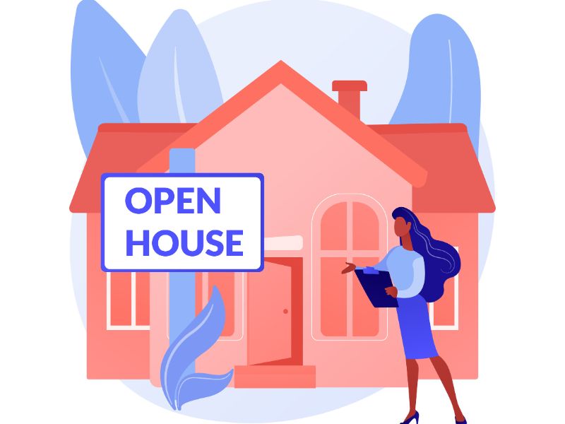 Illustrazione vettoriale di concetto astratto di Open House. Proprietà aperta per l'ispezione, casa in vendita, servizio immobiliare, potenziale acquirente, visita guidata, valorizzazione immobiliare, metafora astratta di planimetria.